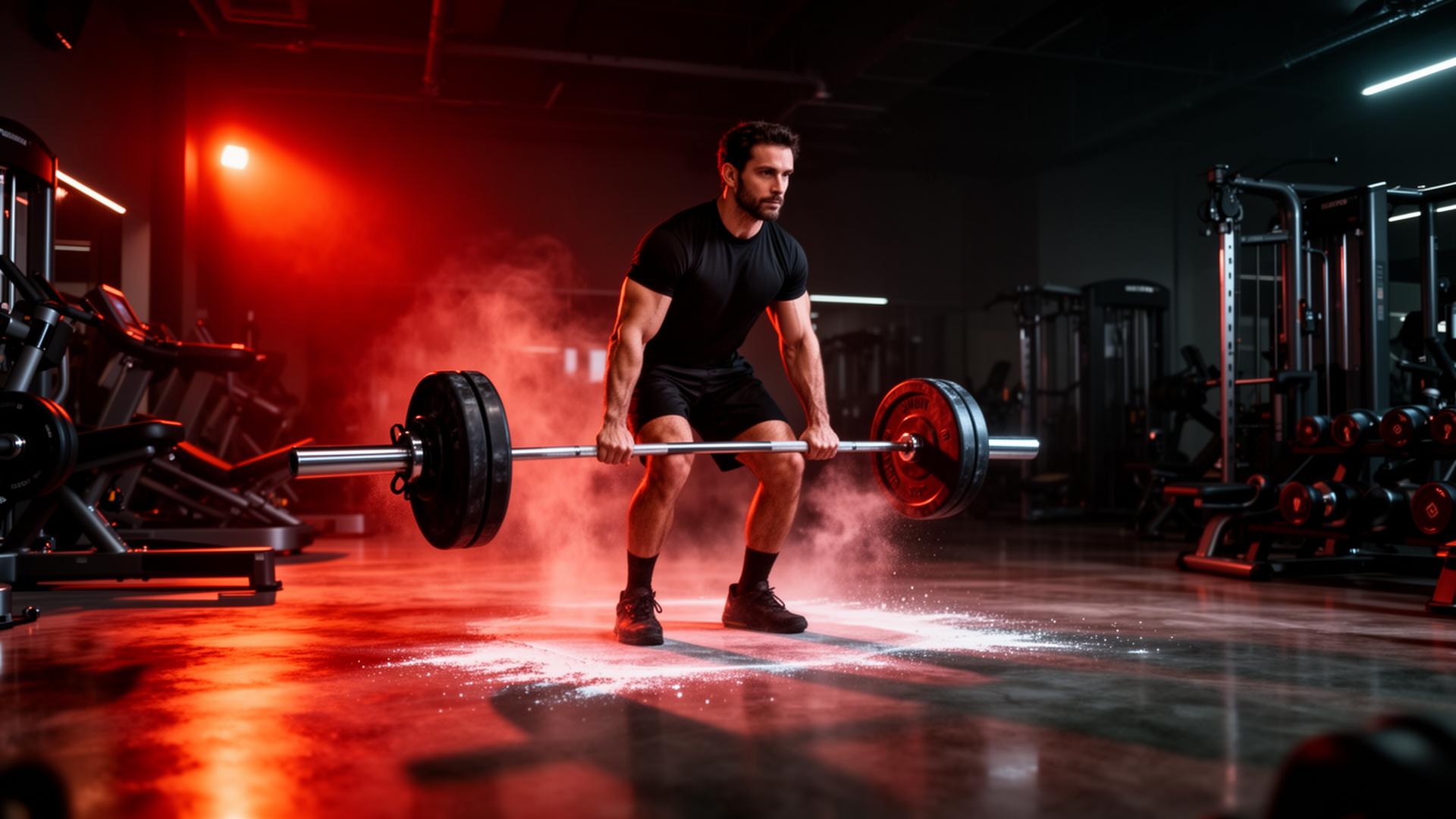Athlete deadlifting in dramatic red light